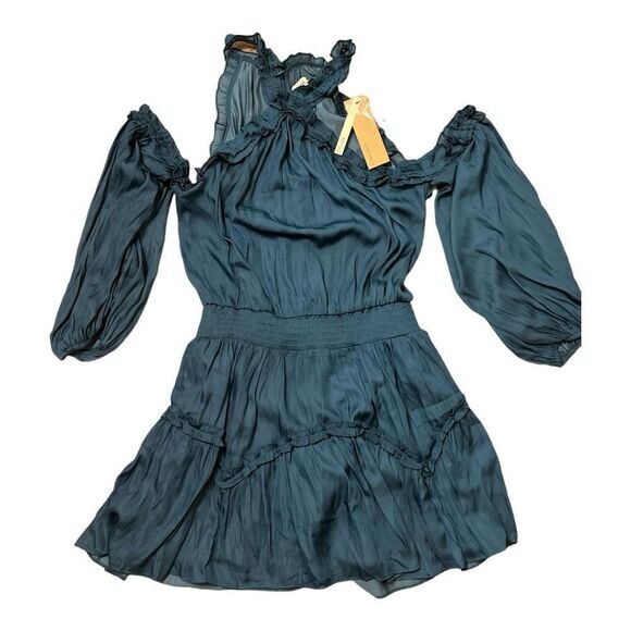 Do + Be Teal Frilled Cold Shoulder Silky Short Dress - Picture 3 of 4